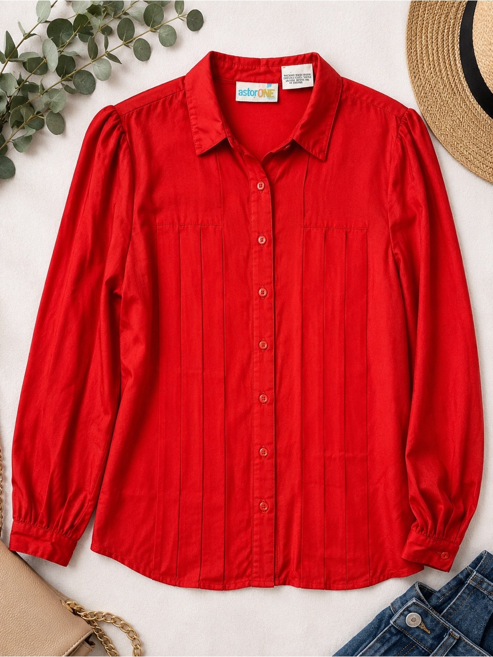 Vintage Astor One Red Satin Button Front Blouse Pleated Long Sleeve Retro
